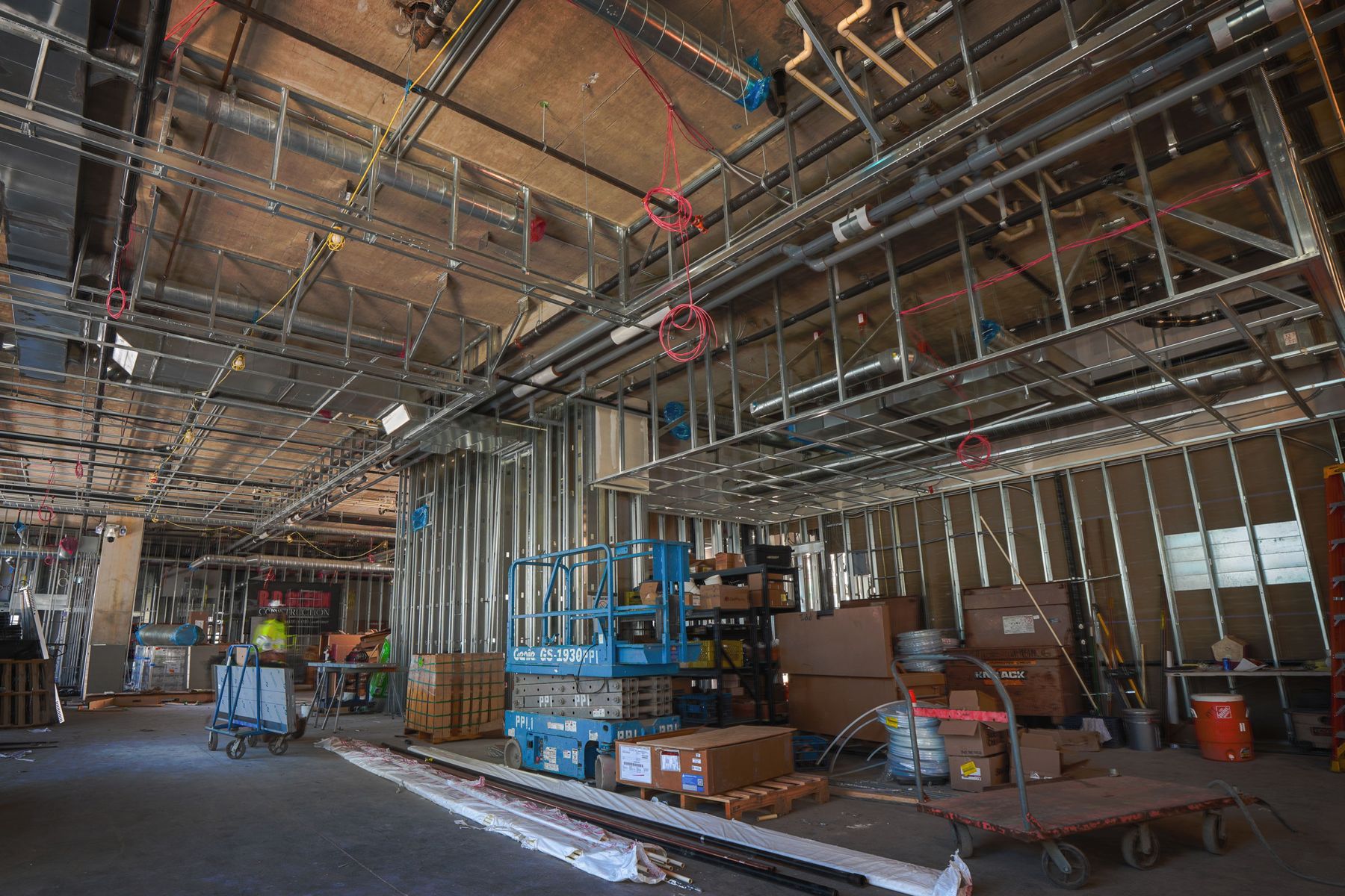 Steel stud framing inside a hotel under construction